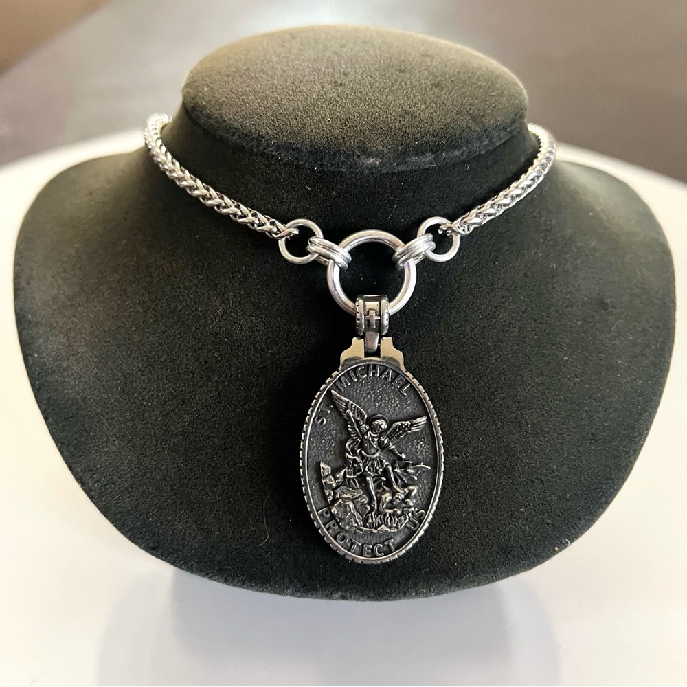 Handmade wheat chain stainless steel necklace with st Michael medal charm - Picture 3 of 13